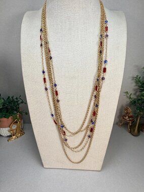 Vintage Gold Tone Multi Strand Crystal Station Necklace Red Blue Purple Long